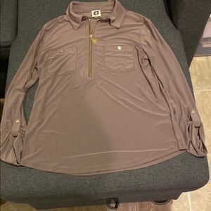 Taupe Long Sleeve Blouse with Gold Accents